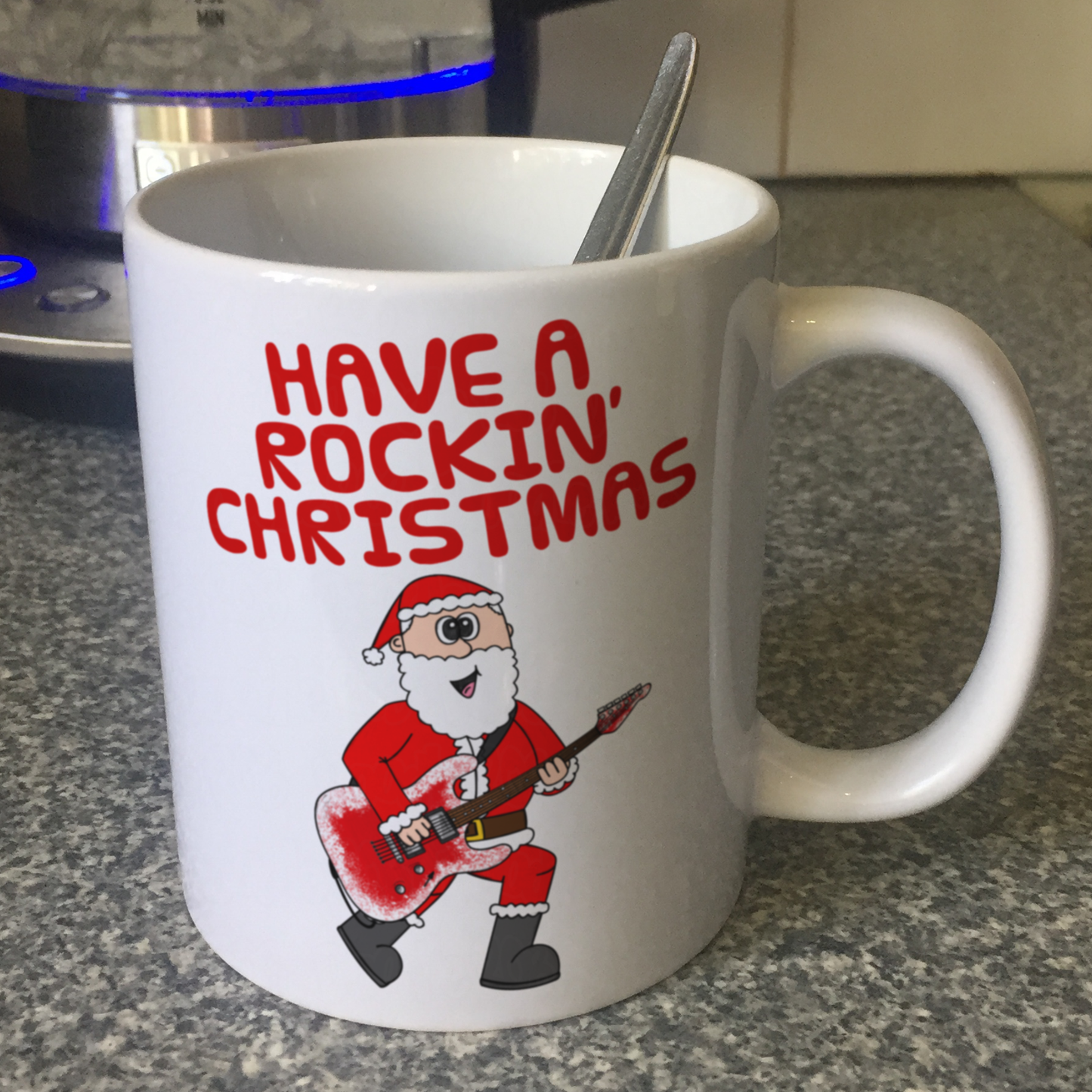 Guitarist Christmas Mug - Santa Playing Electric Guitar - Guitar Teacher Xmas Gift