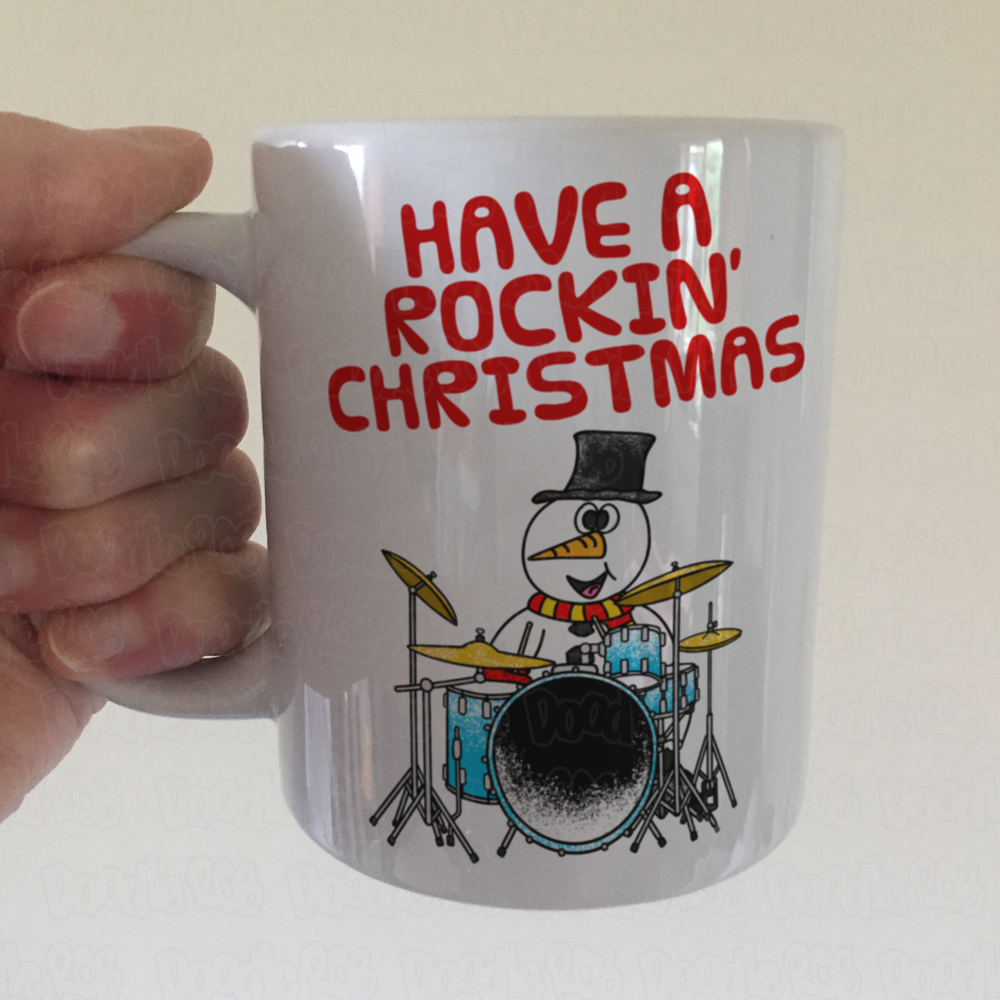 Drummer Christmas Mug - Snowman Playing Drums - Have A Rockin' Christmas - Drum Teacher Xmas Gift