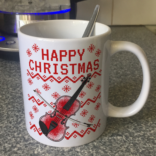 Christmas Violin Mug (Ugly Sweater Style) - Violinist Mug - Violin Teacher Xmas Gift - String Musician Gift