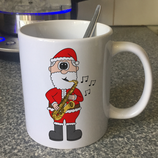 Sax Player Christmas Mug - Santa Playing Saxophone - Funny Saxophonist Mug - Sax Teacher Xmas Gift