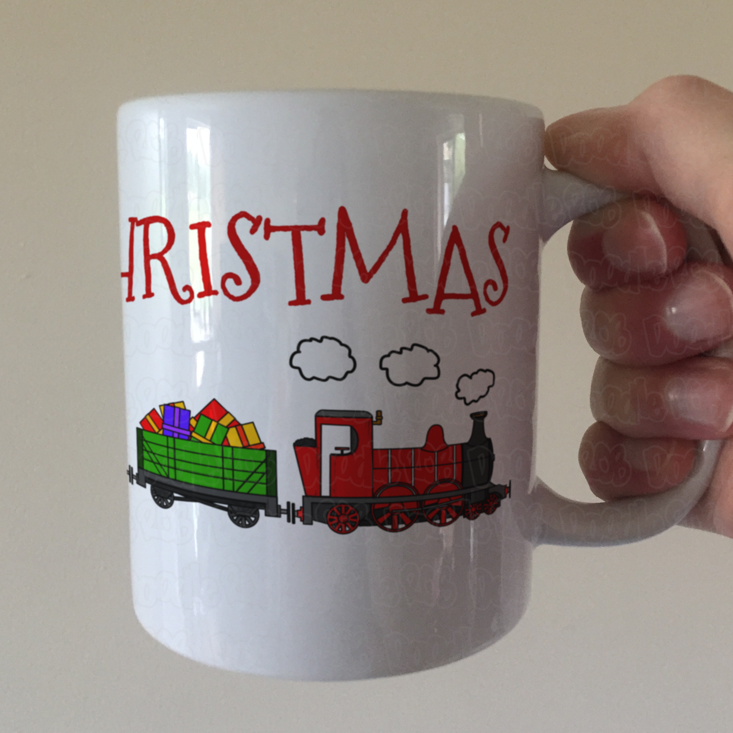 Train Christmas Mug - Steam Locomotive With Wagons - Xmas Gift For Him