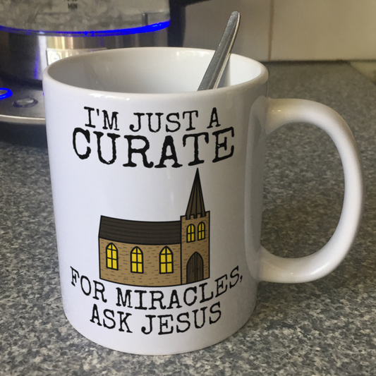 Funny Church Curate Mug - For Miracles, Ask Jesus - Gift For Christian Ordinand