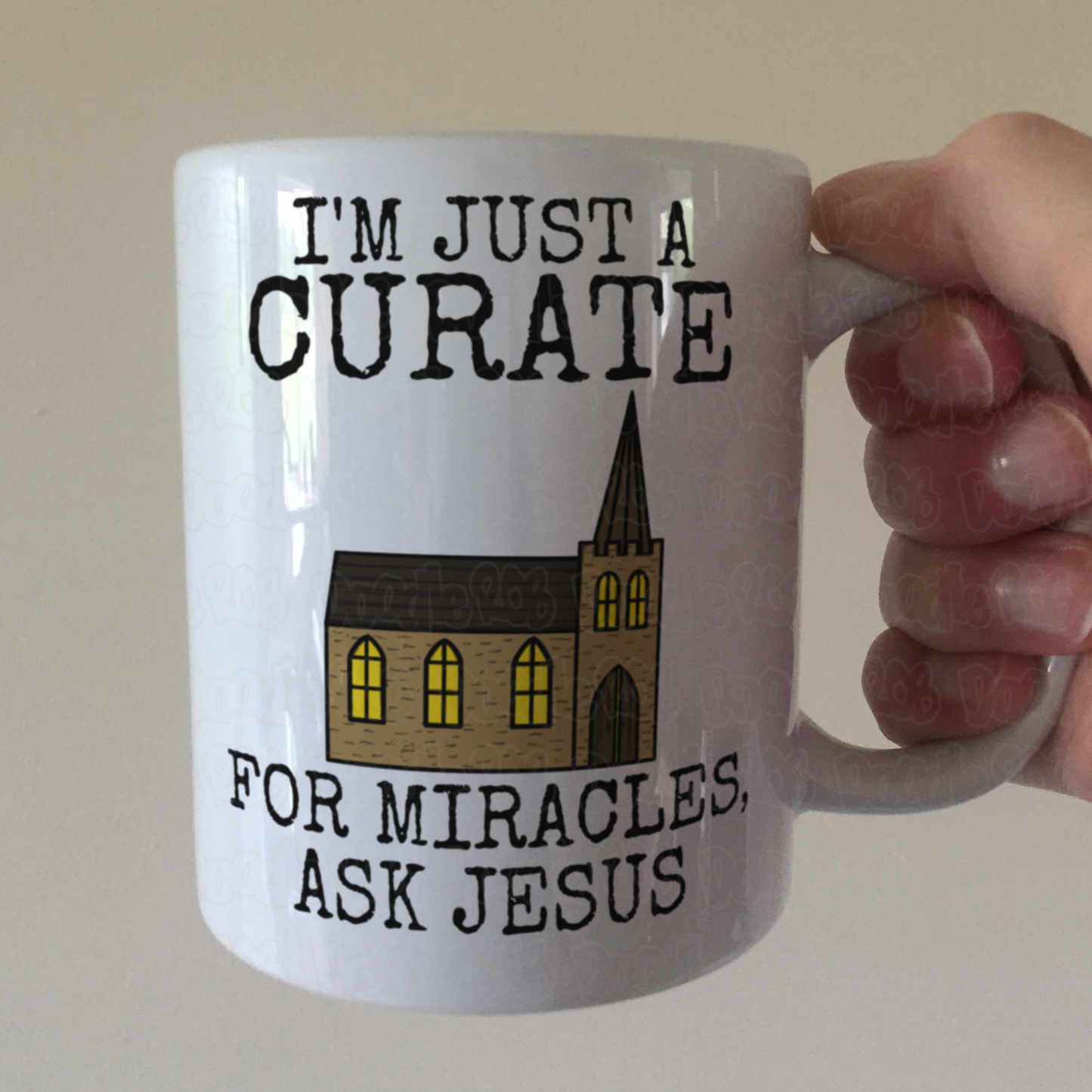 Funny Church Curate Mug - For Miracles, Ask Jesus - Gift For Christian Ordinand