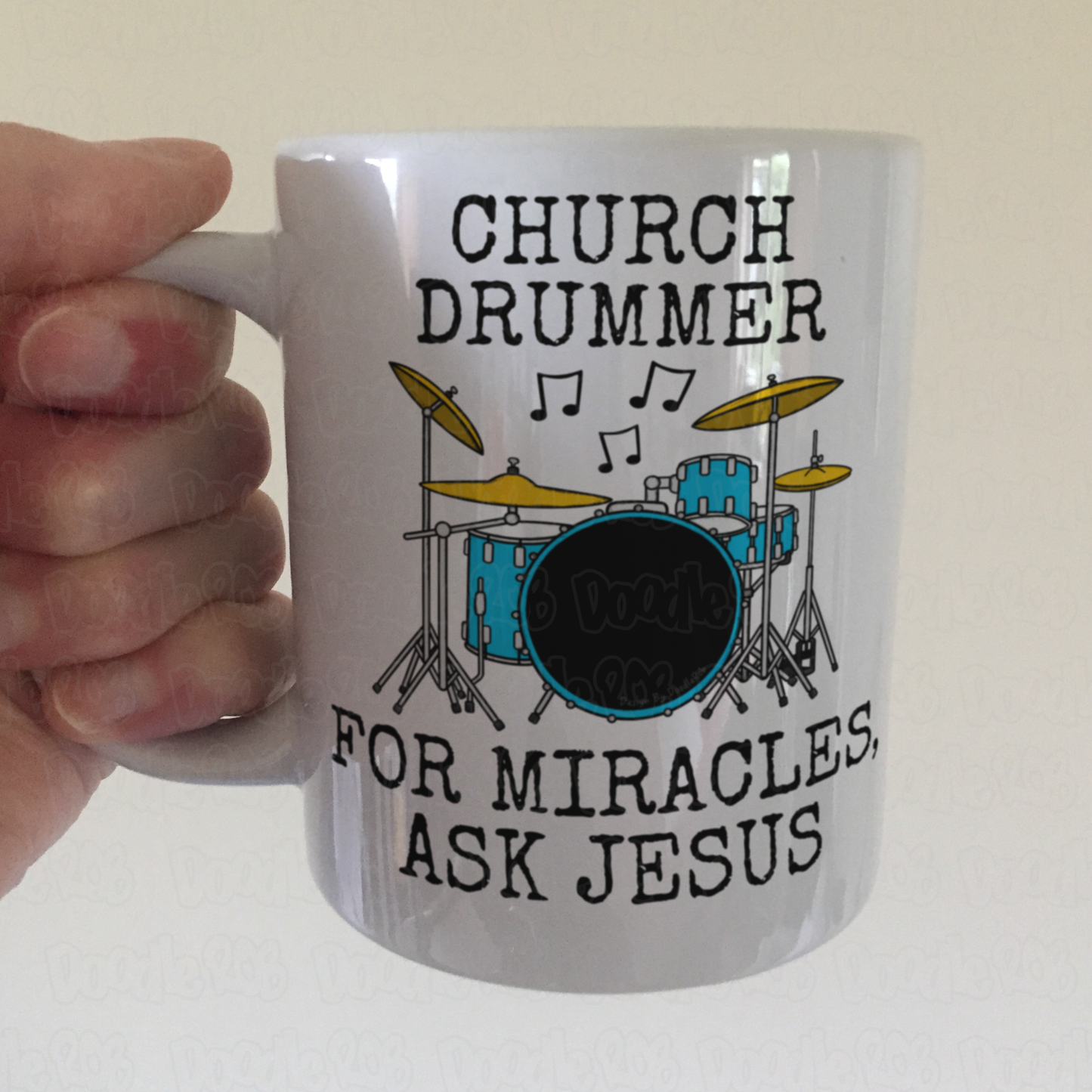 Funny Church Drummer Mug - For Miracles, Ask Jesus - Christian Musician Gift