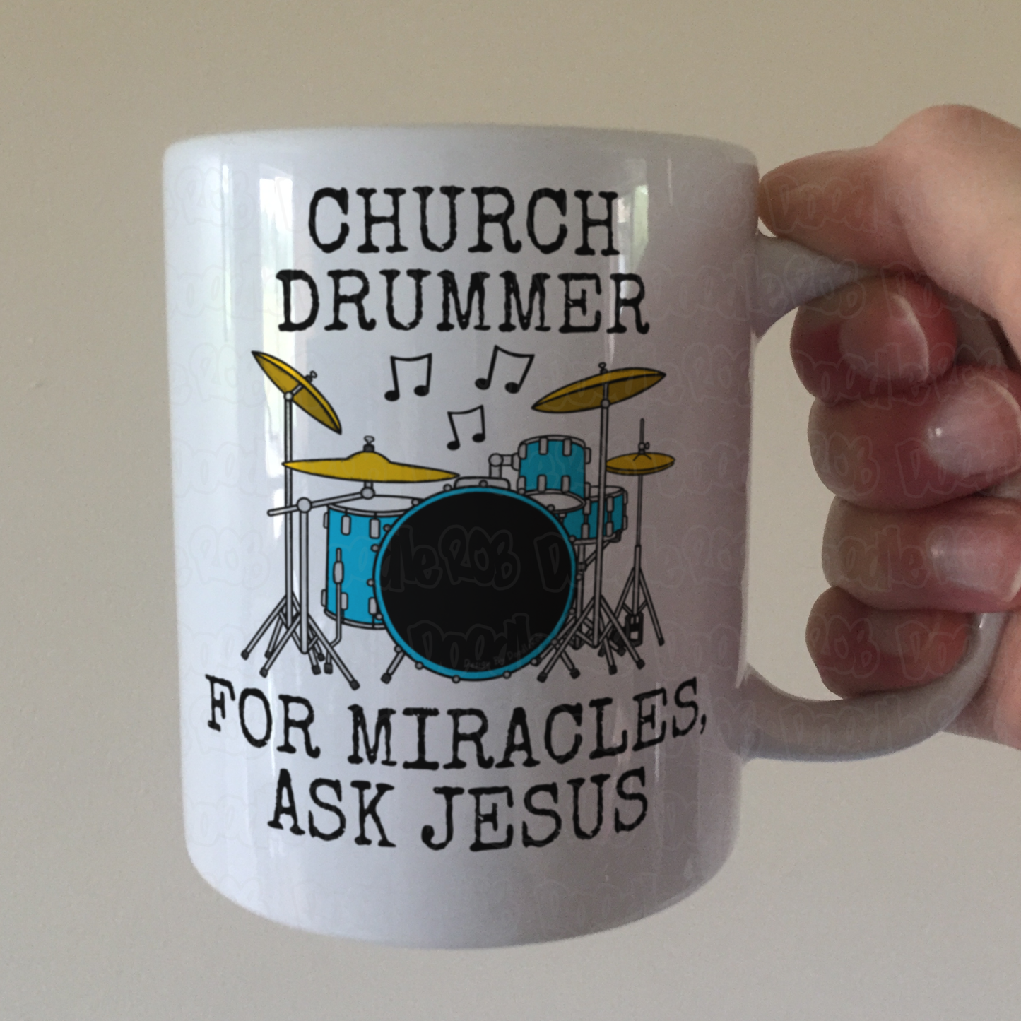 Funny Church Drummer Mug - For Miracles, Ask Jesus - Christian Musician Gift