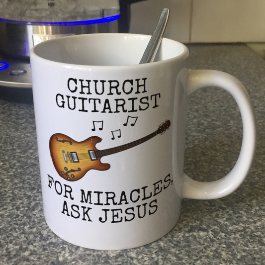 Funny Church Guitarist Mug (Electric Guitar) - For Miracles, Ask Jesus - Christian Musician Gift