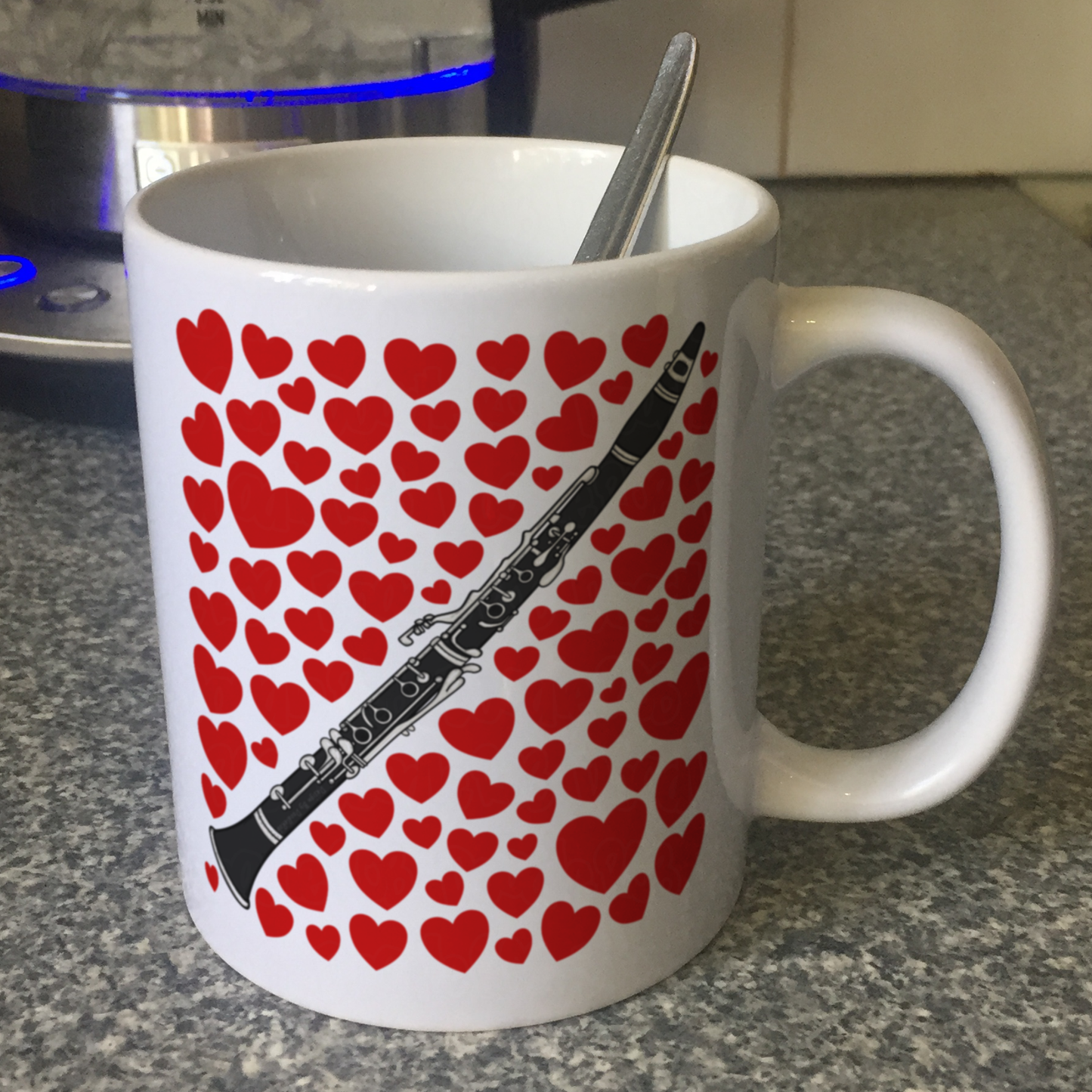 Clarinet With Hearts Mug - Gift For Clarinetist - Woodwind Musician Valentines Anniversary Gift