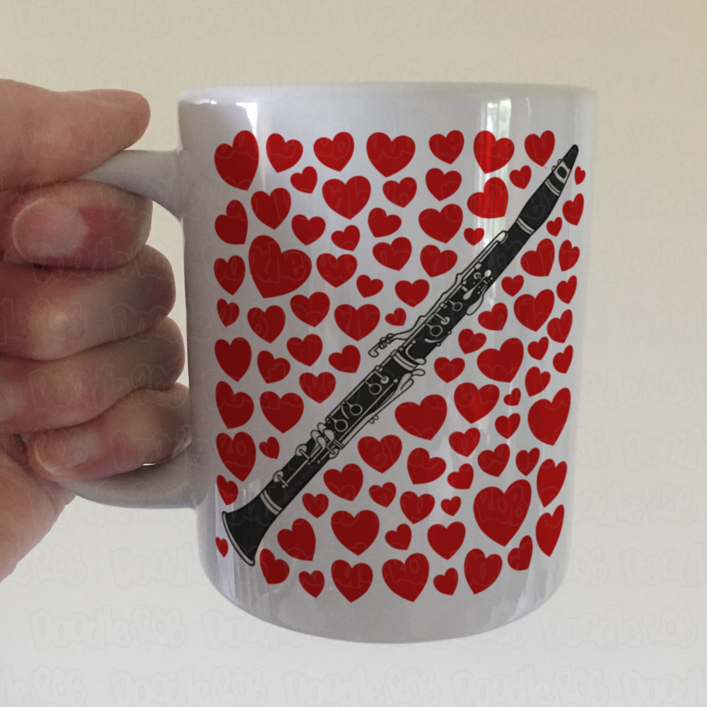 Clarinet With Hearts Mug - Gift For Clarinetist - Woodwind Musician Valentines Anniversary Gift