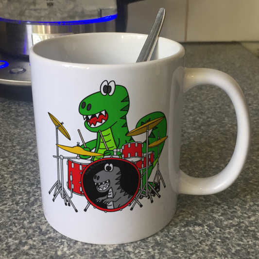 Dinosaur Drummer Mug - T-Rex Playing Drums - Drum Teacher Gift