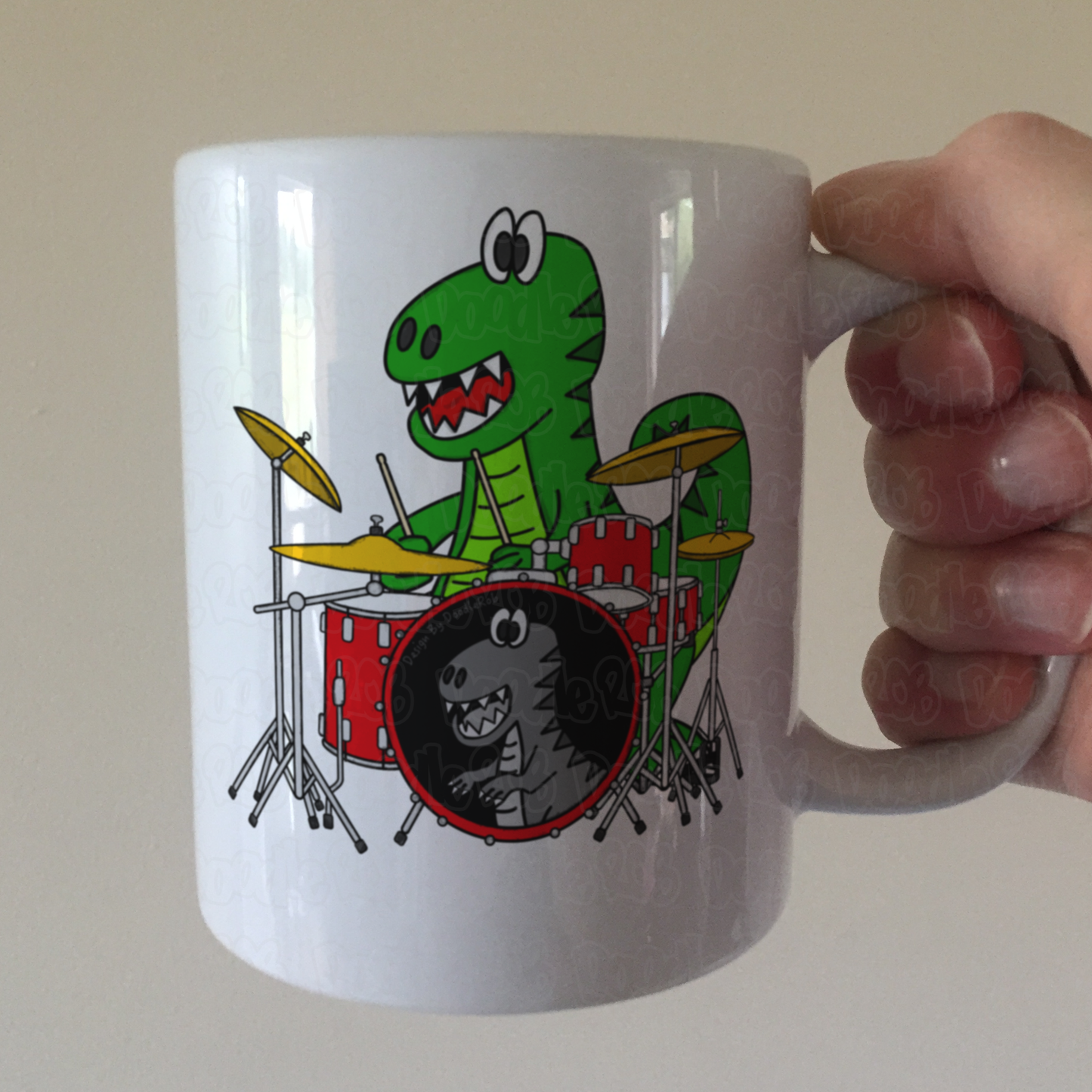 Dinosaur Drummer Mug - T-Rex Playing Drums - Drum Teacher Gift