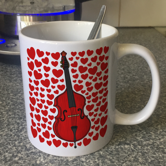 Double Bass With Hearts Mug - Gift For Bassist - Jazz Musician - Valentines Anniversary Gift