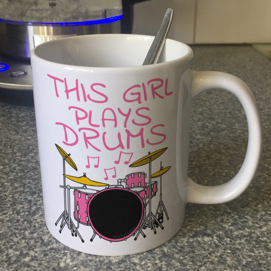 Girl's Drummer Mug - This Girl Plays Drums - Female Drummer Gift - Pink Drum Kit Gift For Girl
