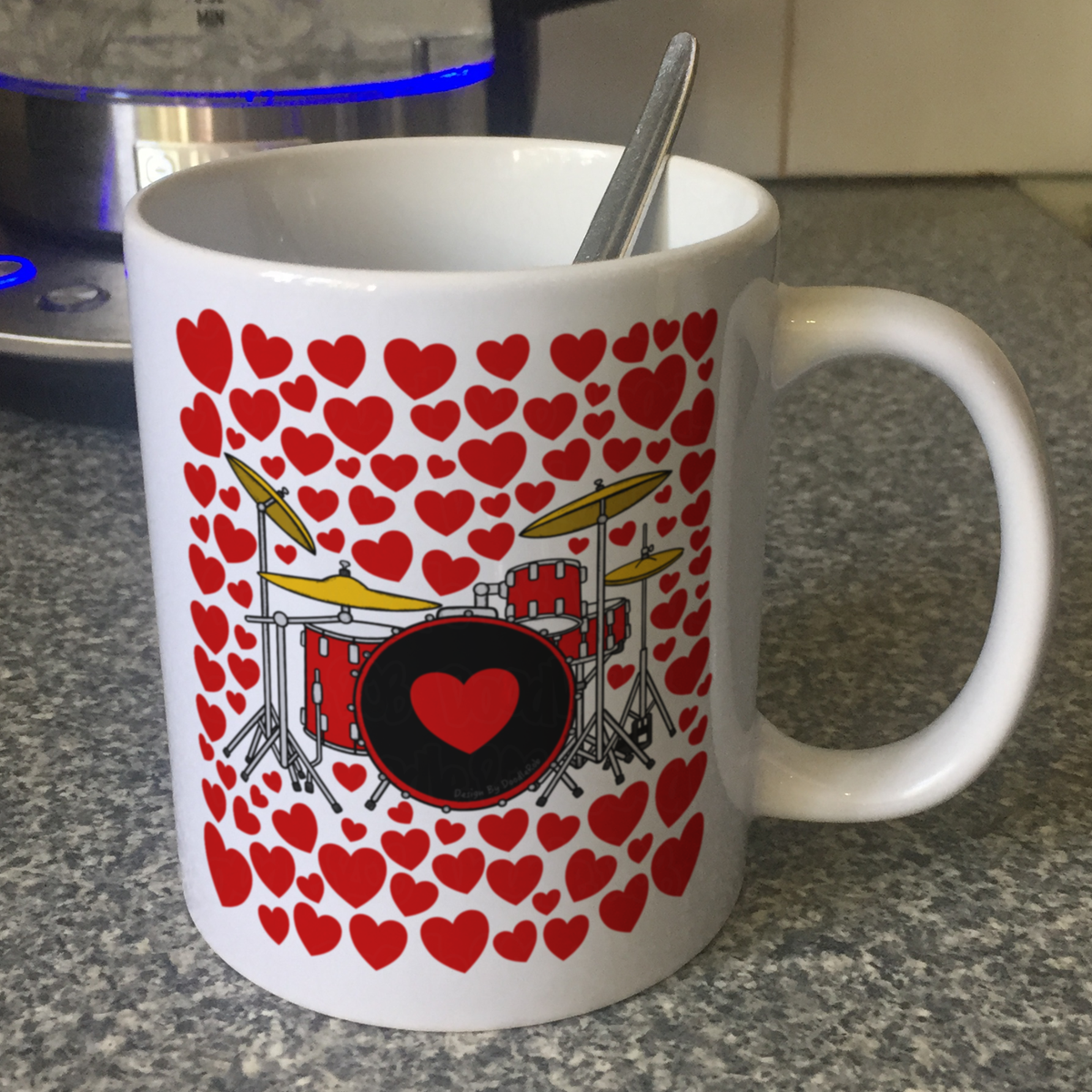 Drum Kit With Hearts Mug - Gift For Drummer - Percussionist Musician Valentines Anniversary Gift