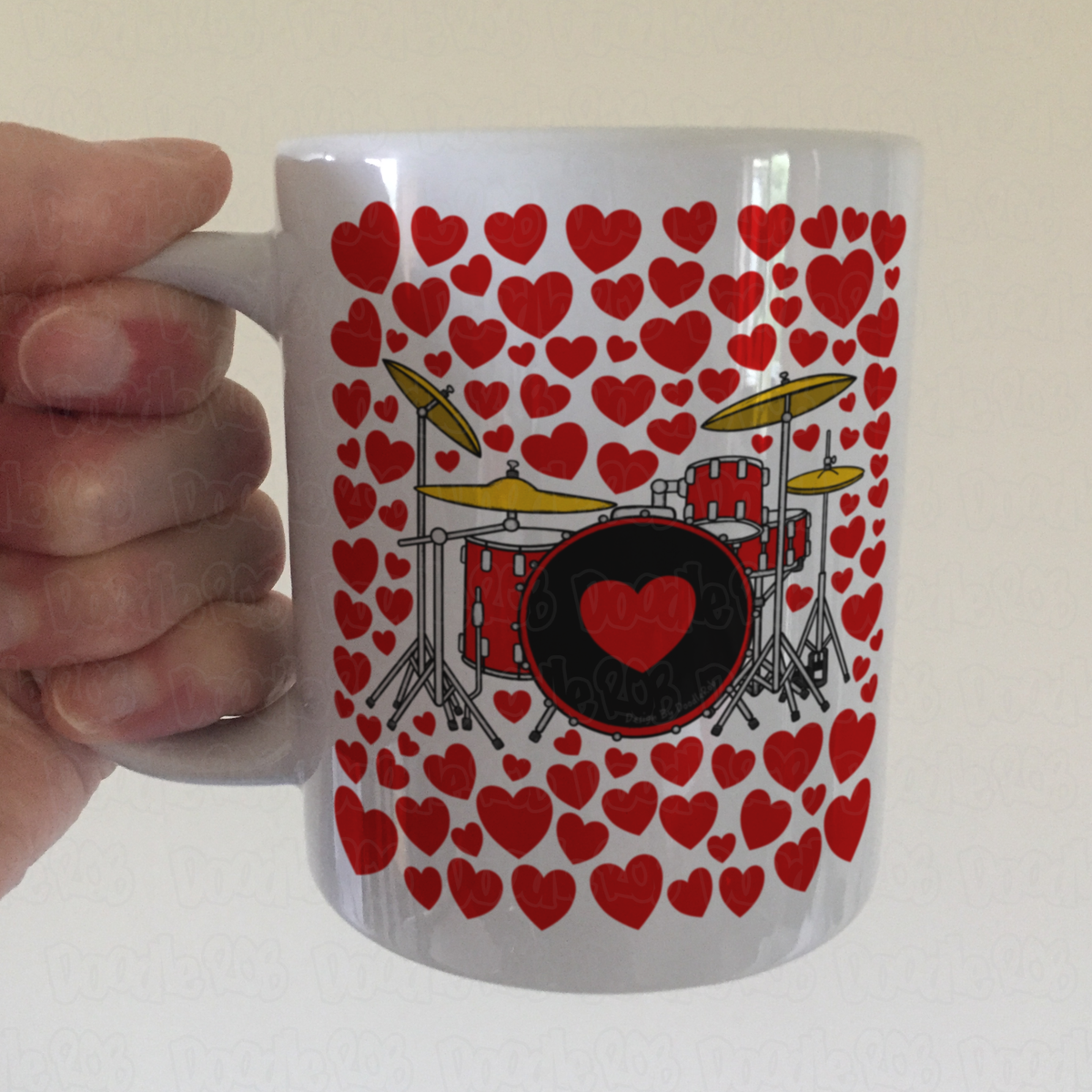 Drum Kit With Hearts Mug - Gift For Drummer - Percussionist Musician Valentines Anniversary Gift
