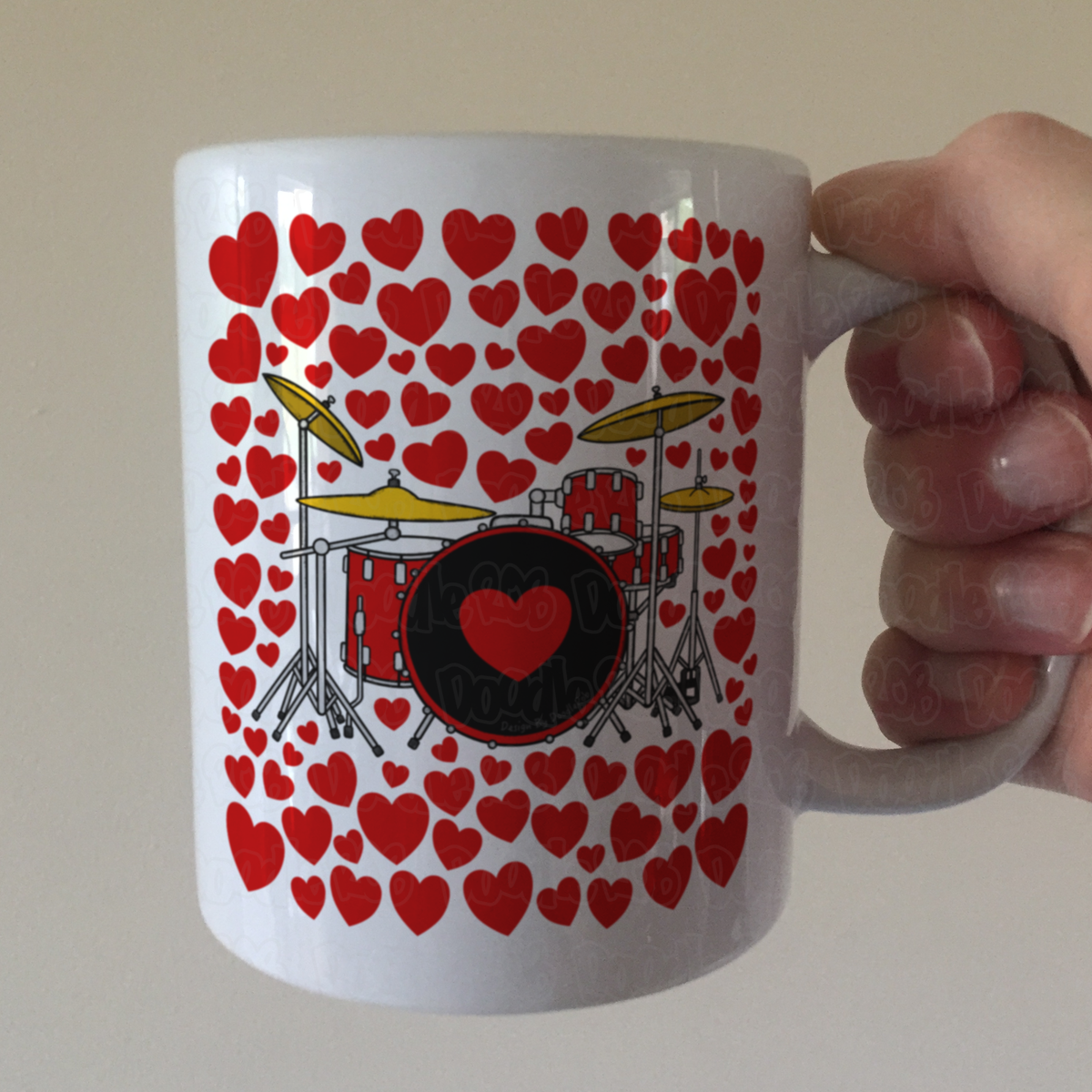 Drum Kit With Hearts Mug - Gift For Drummer - Percussionist Musician Valentines Anniversary Gift