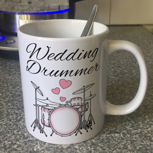 Wedding Drummer Mug - Drum Kit With Pink Hearts - Musician Gift