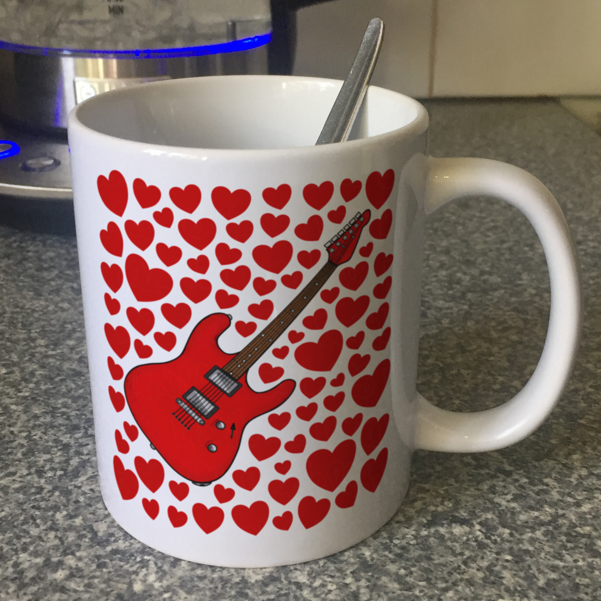 Electric Guitar With Hearts Mug - Guitarist Mug - Musician Valentines Anniversary Gift