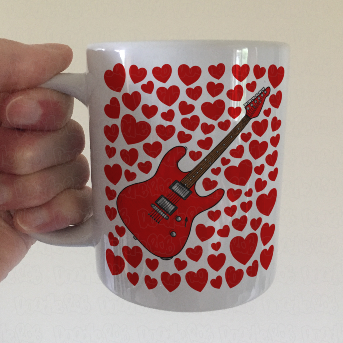 Electric Guitar With Hearts Mug - Guitarist Mug - Musician Valentines Anniversary Gift
