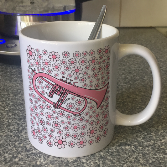 Flugelhorn Floral Mug (Pink Flowers) - Female Horn Player - Brass Musician Gift For Girl