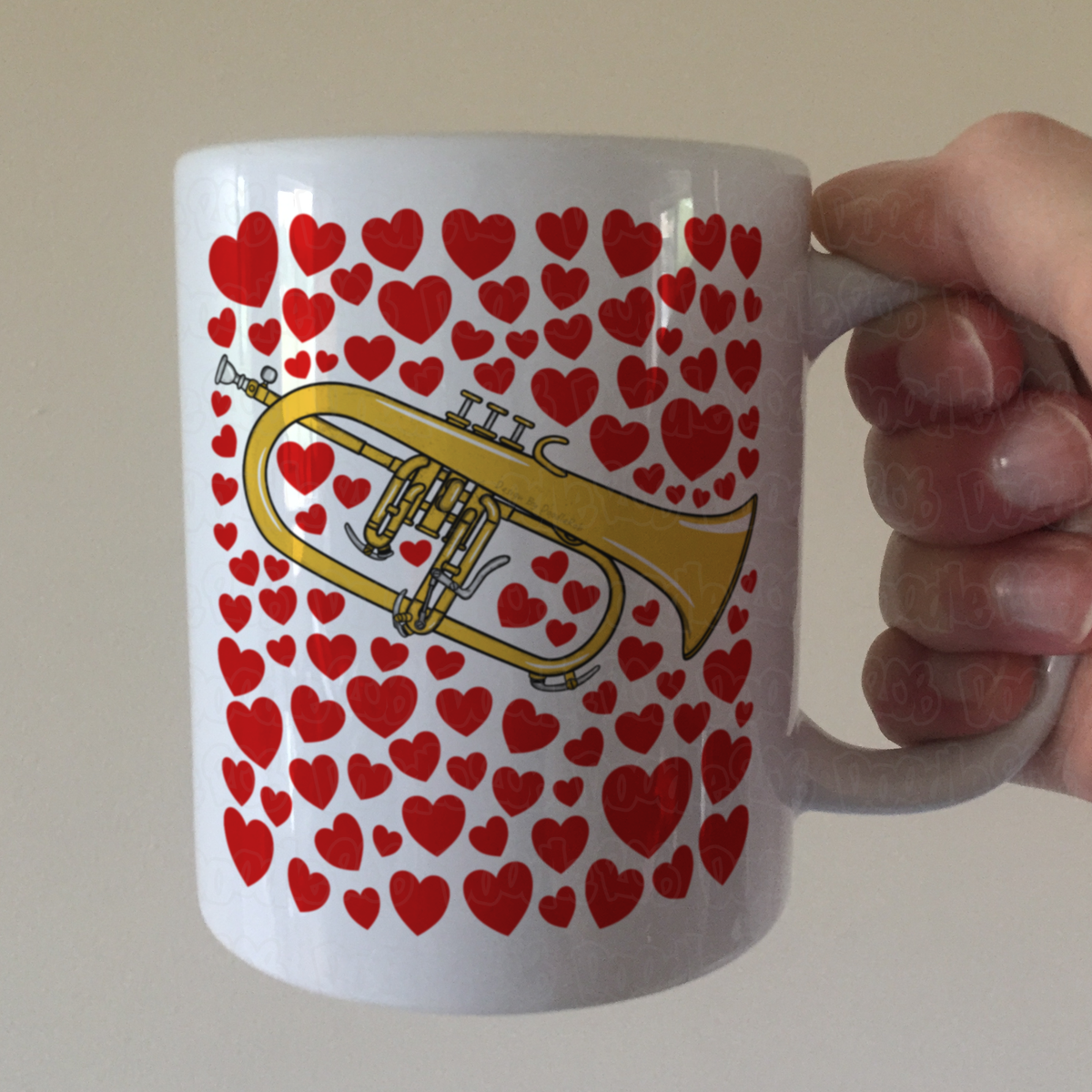 Flugelhorn With Hearts Mug - Gift For Horn Player - Brass Musician Valentines Anniversary Gift