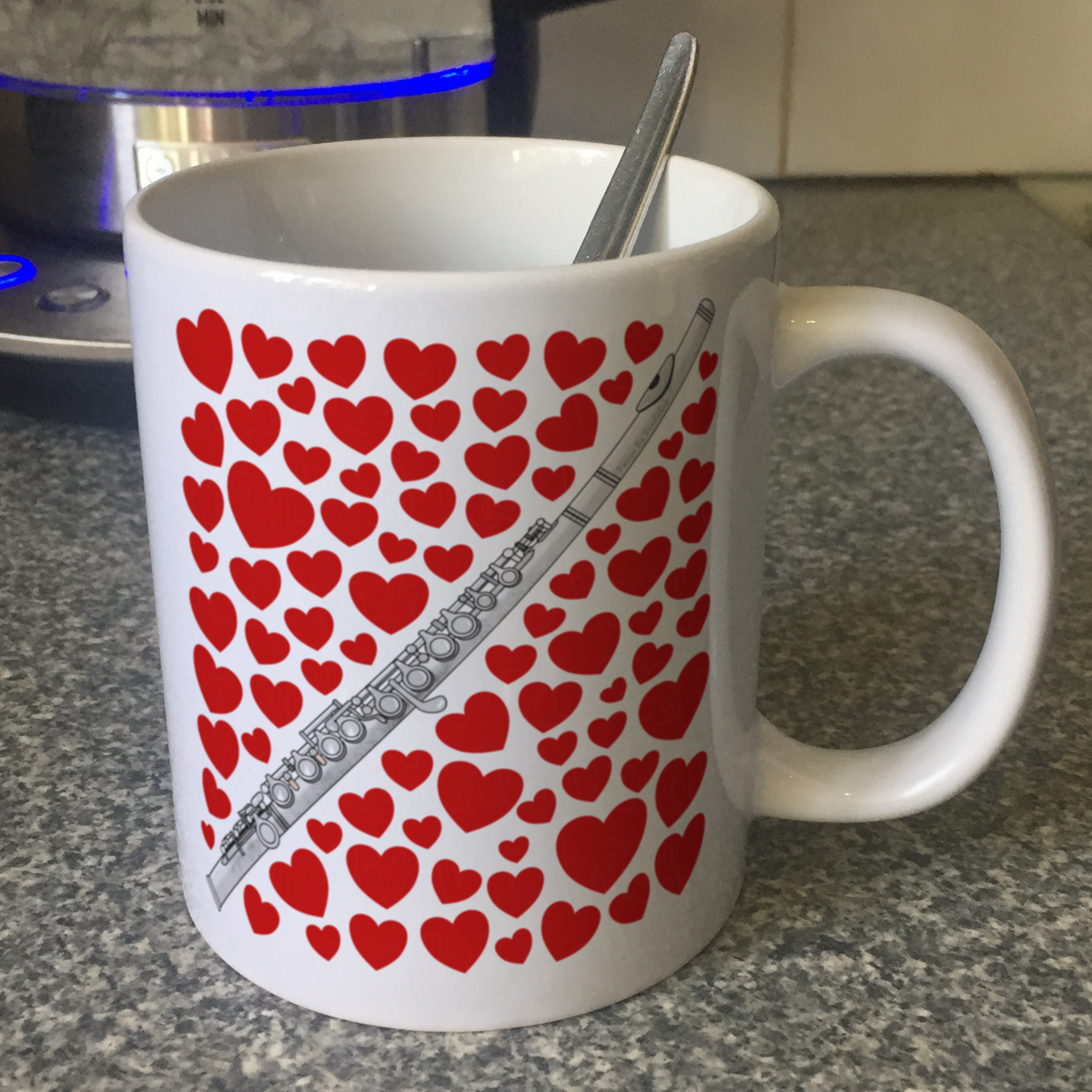 Flute With Hearts Mug - Gift For Flautist - Woodwind Musician Valentines Anniversary Gift