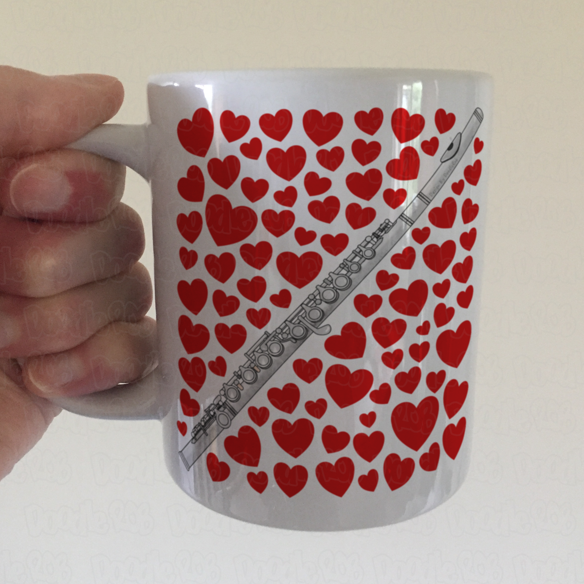 Flute With Hearts Mug - Gift For Flautist - Woodwind Musician Valentines Anniversary Gift
