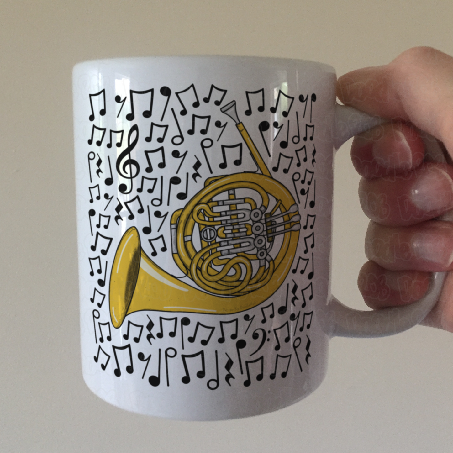 French Horn Musical Notes Mug - Horn Player Mug - Brass Musician Orchestra Gift