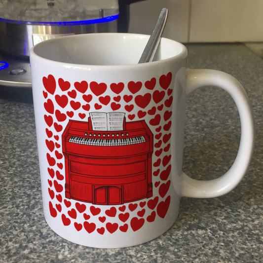 Harmonium With Hearts Mug - Gift For Organist - Church Organ Mug - Musician Valentines Anniversary Gift