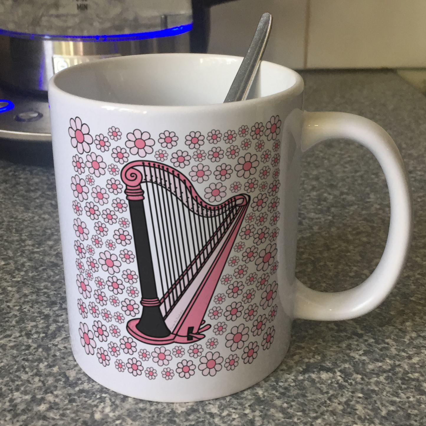 Harp Floral Mug (Pink Flowers) - Female Harpist - String Musician Gift For Girl
