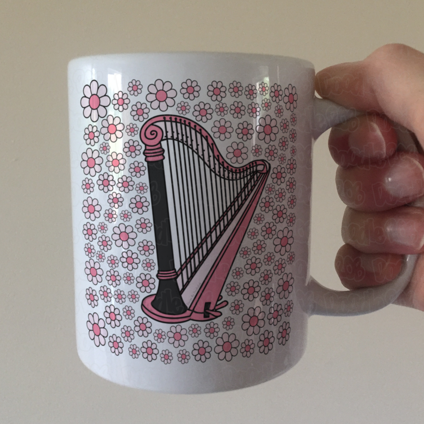 Harp Floral Mug (Pink Flowers) - Female Harpist - String Musician Gift For Girl