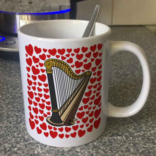 Harp With Hearts Mug - Gift For Harpist - String Musician Valentines Anniversary Gift