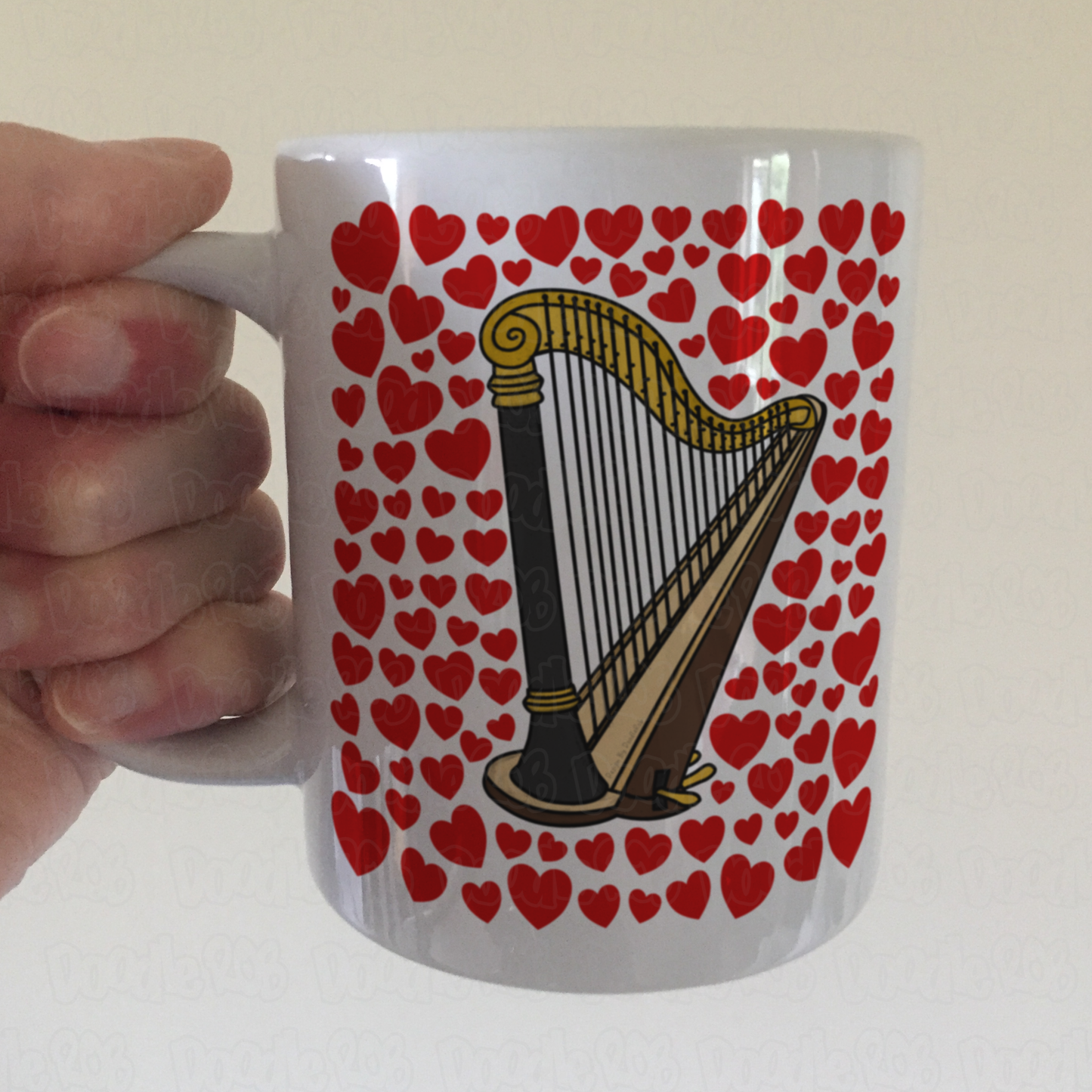 Harp With Hearts Mug - Gift For Harpist - String Musician Valentines Anniversary Gift
