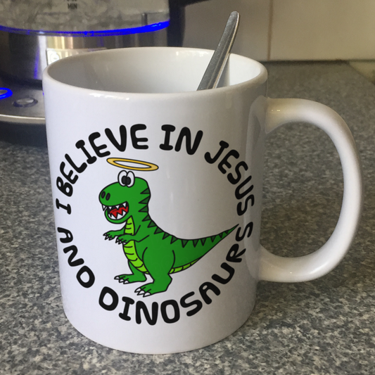 Christian Dinosaur Mug - I Believe In Jesus and Dinosaurs - Funny Church Pastor Gift