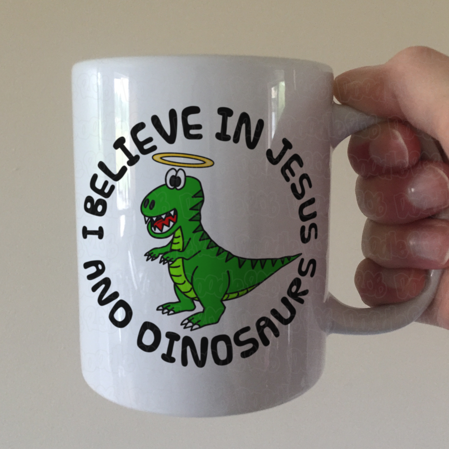 Christian Dinosaur Mug - I Believe In Jesus and Dinosaurs - Funny Church Pastor Gift