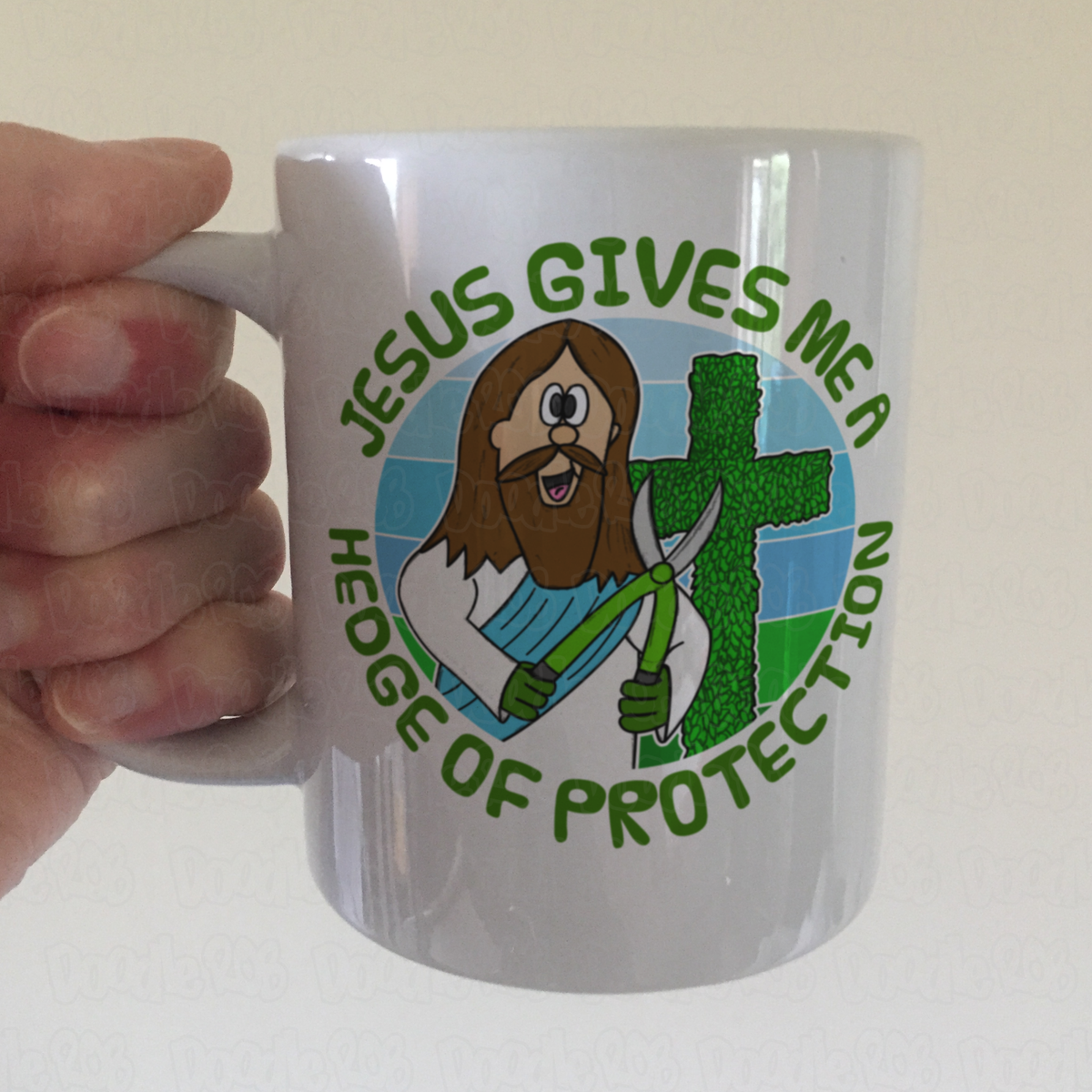 Christian Gardening Mug - Jesus Gives Me A Hedge Of Protection - Funny Church Mug