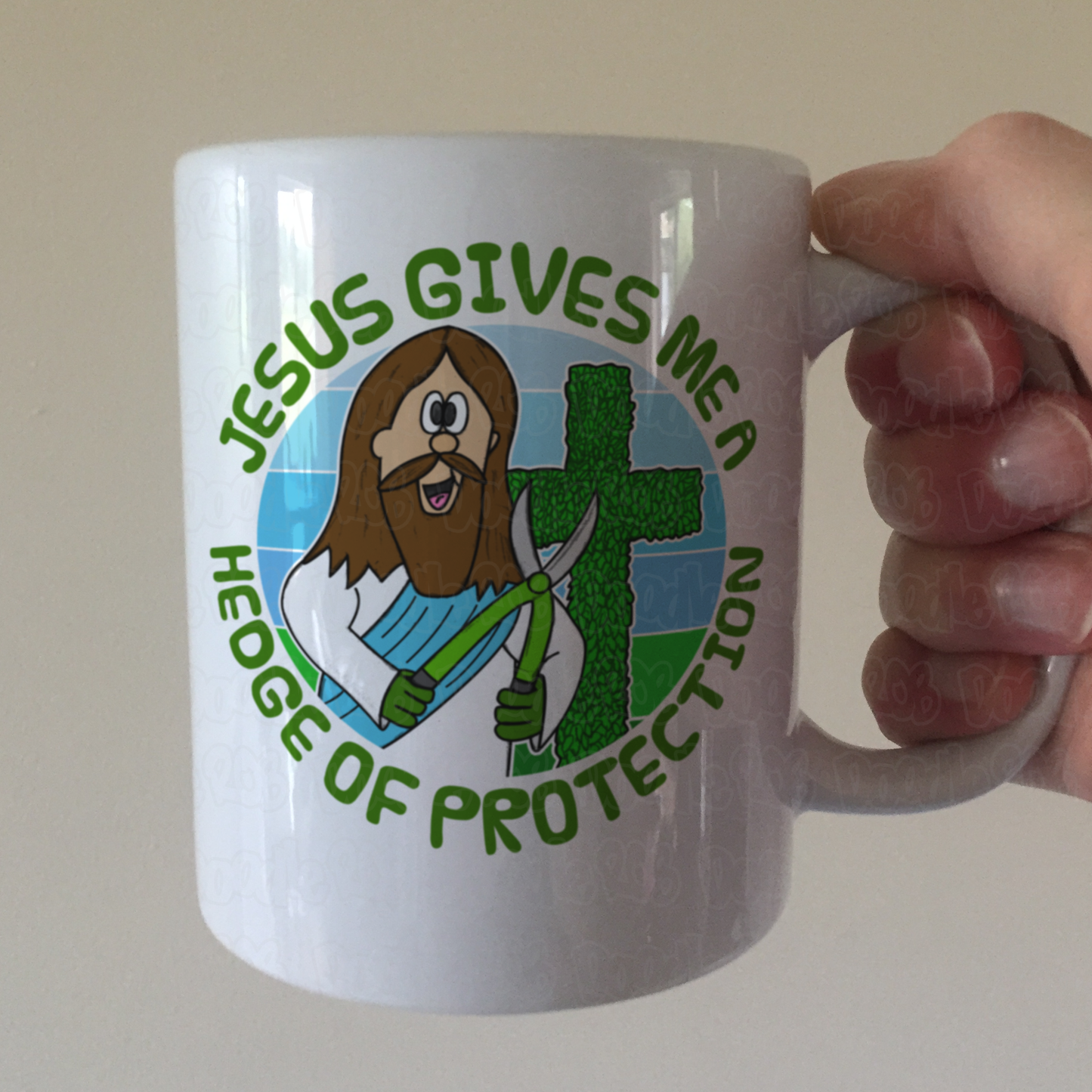 Christian Gardening Mug - Jesus Gives Me A Hedge Of Protection - Funny Church Mug
