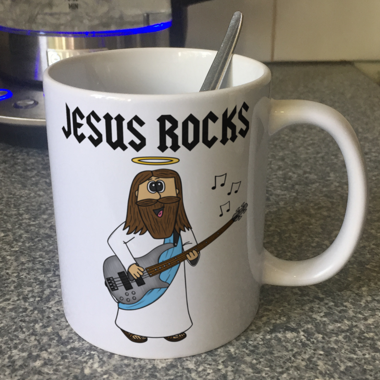 Christian Bass Guitar Mug - Jesus Playing Bass Guitar - Jesus Rocks - Church Bassist Gift