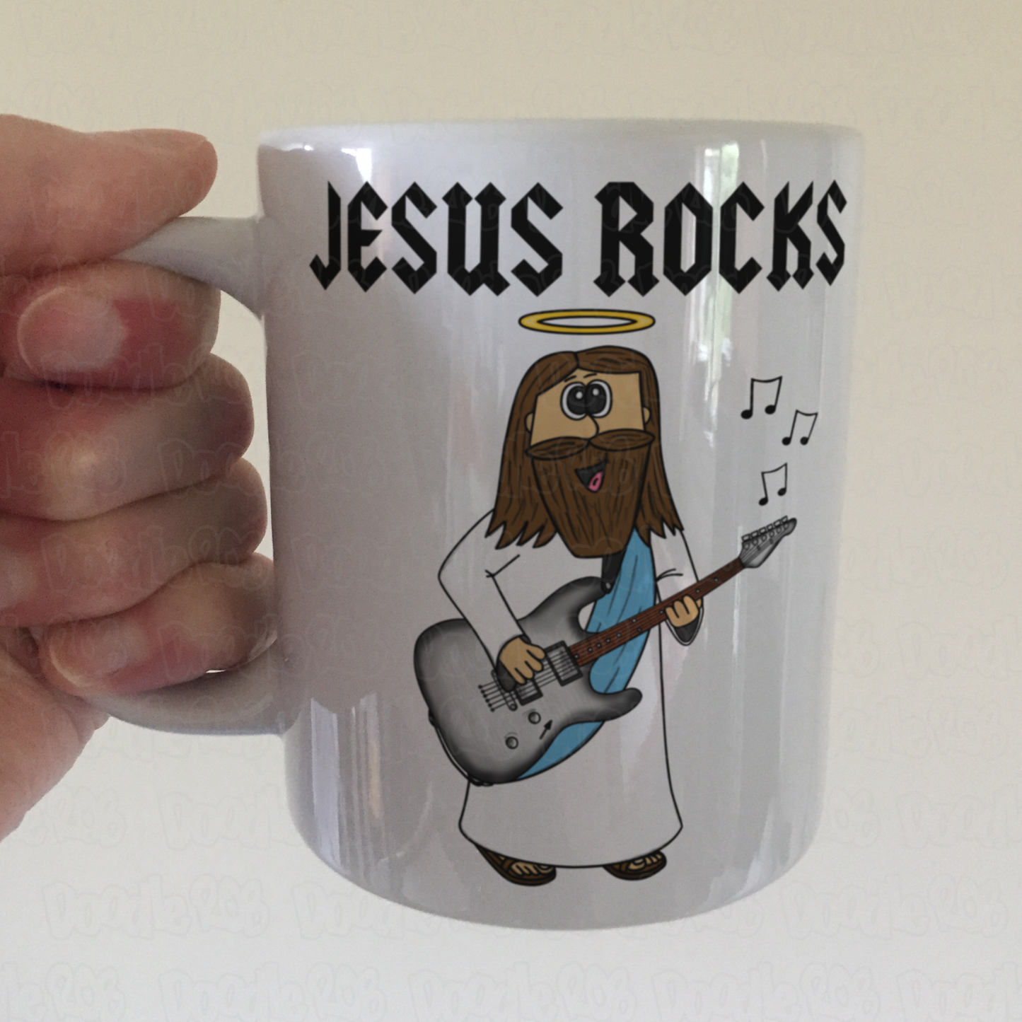 Christian Guitar Mug - Jesus Playing Electric Guitar - Jesus Rocks - Church Guitarist Gift
