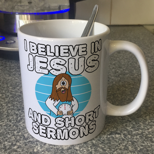 Funny Church Mug - I Believe In Jesus And Short Sermons - Gift For Christian Minister
