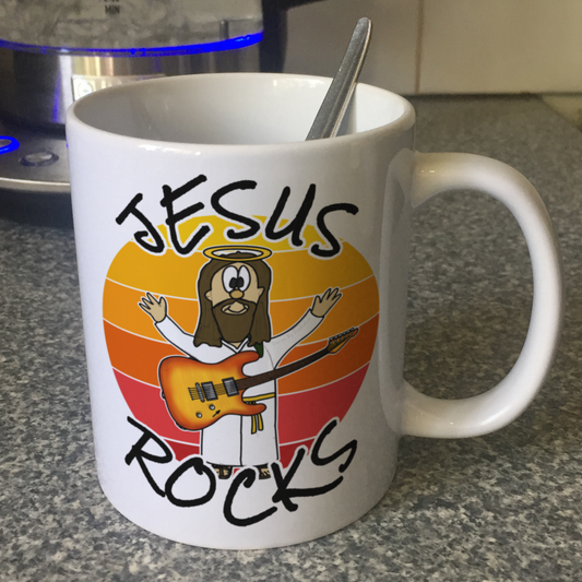 Church Guitar Mug - Jesus Rocks - Worship Guitarist Gift - Christian Electric Guitar Player