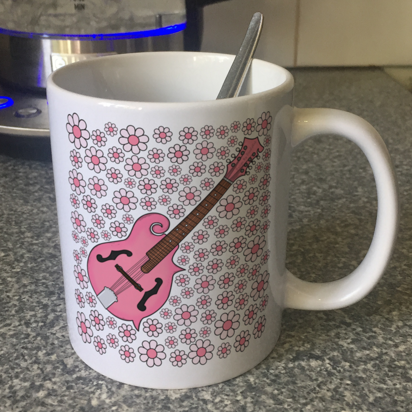 Mandolin Floral Mug (Pink Flowers) - Female Mandolinist - Folk Musician Gift For Girl