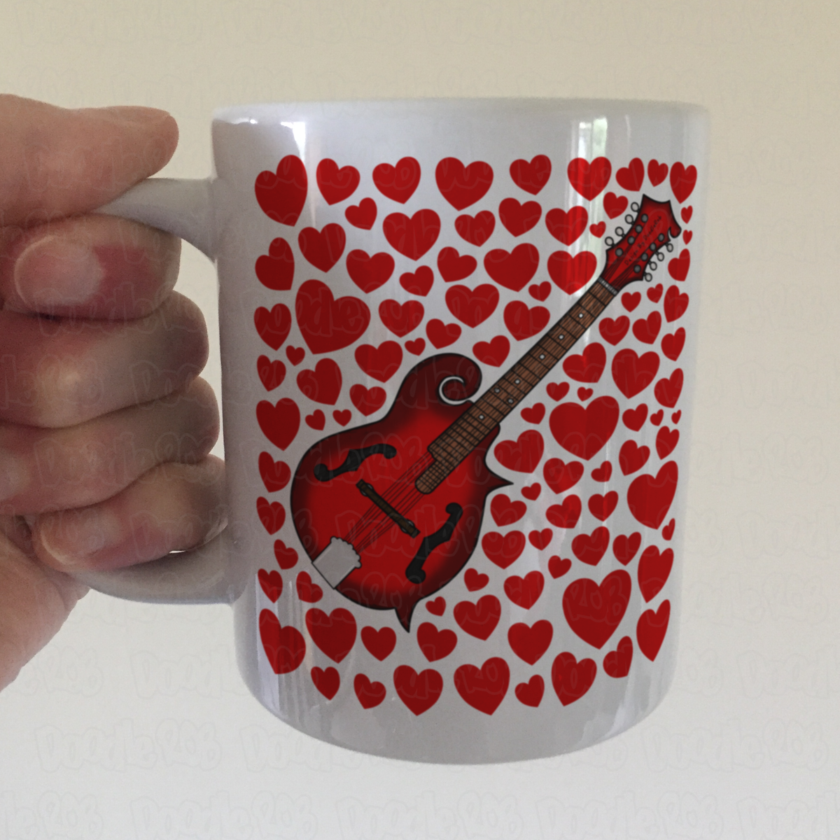 Mandolin With Hearts Mug - Mandolinist Gift - Folk Musician Valentines Anniversary Gift