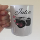 Wedding Photographer Personalised Mug - Vintage Camera With Pink Hearts - Custom Gift For Photographer