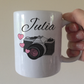 Wedding Photographer Personalised Mug - Vintage Camera With Pink Hearts - Custom Gift For Photographer
