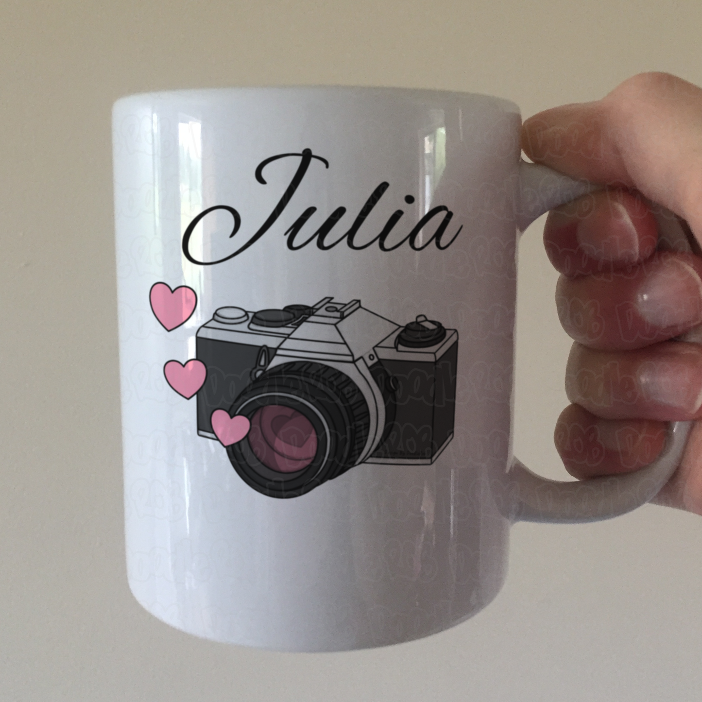 Wedding Photographer Personalised Mug - Vintage Camera With Pink Hearts - Custom Gift For Photographer