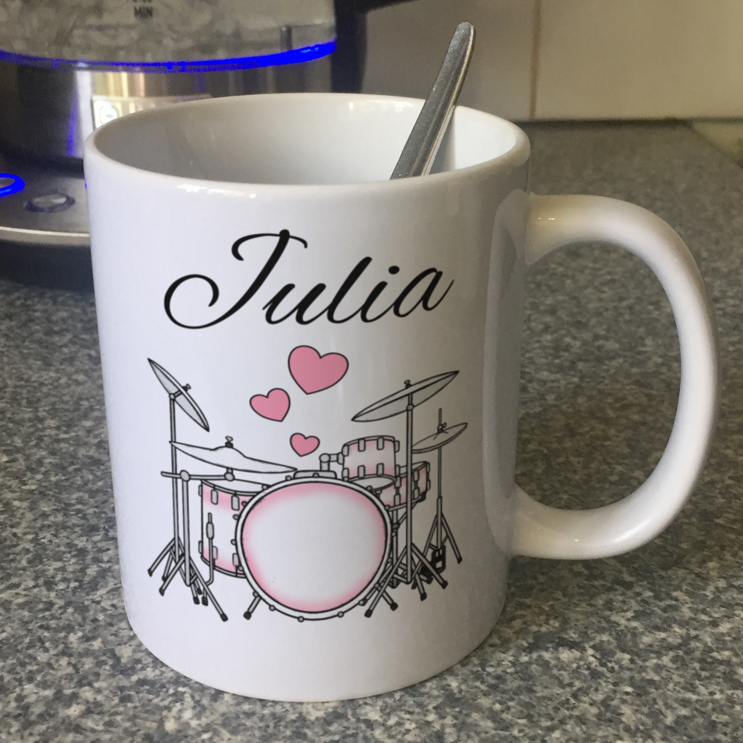 Wedding Drummer Personalised Mug - Drum Kit With Pink Hearts - Musician Custom Gift