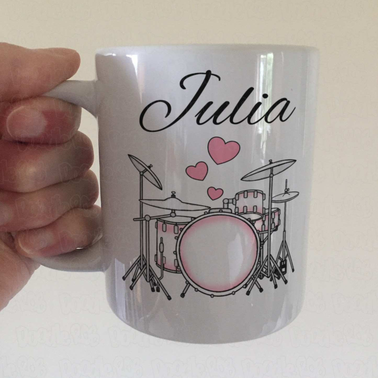 Wedding Drummer Personalised Mug - Drum Kit With Pink Hearts - Musician Custom Gift