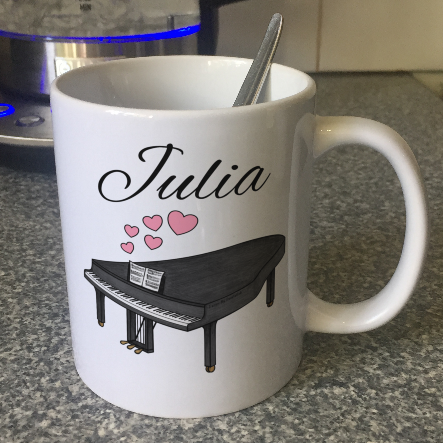 Wedding Pianist Personalised Mug - Grand Piano With Pink Hearts - Musician Custom Gift