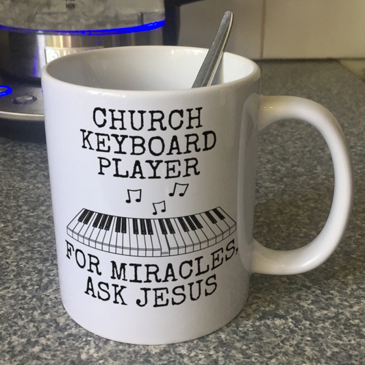 Church Keyboard Player Mug - For Miracles, Ask Jesus - Christian Musician Gift