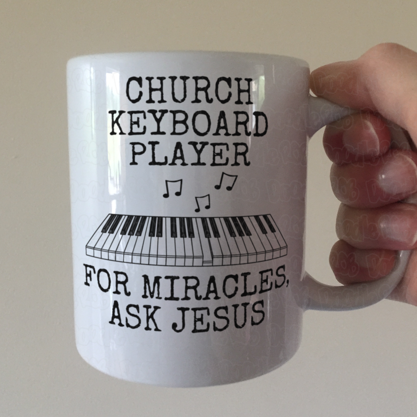 Church Keyboard Player Mug - For Miracles, Ask Jesus - Christian Musician Gift